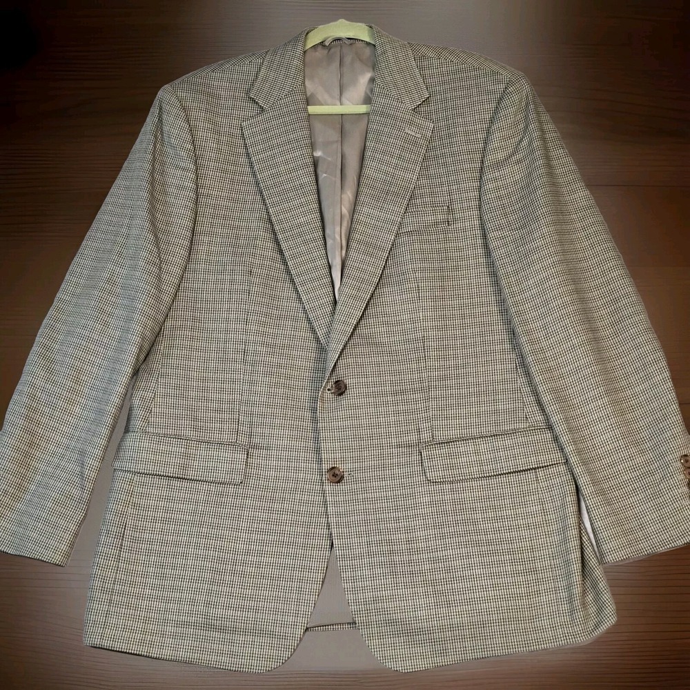 Ralph Lauren men's Silk Wool tan, blue houndstooth sport coat blazer 44L